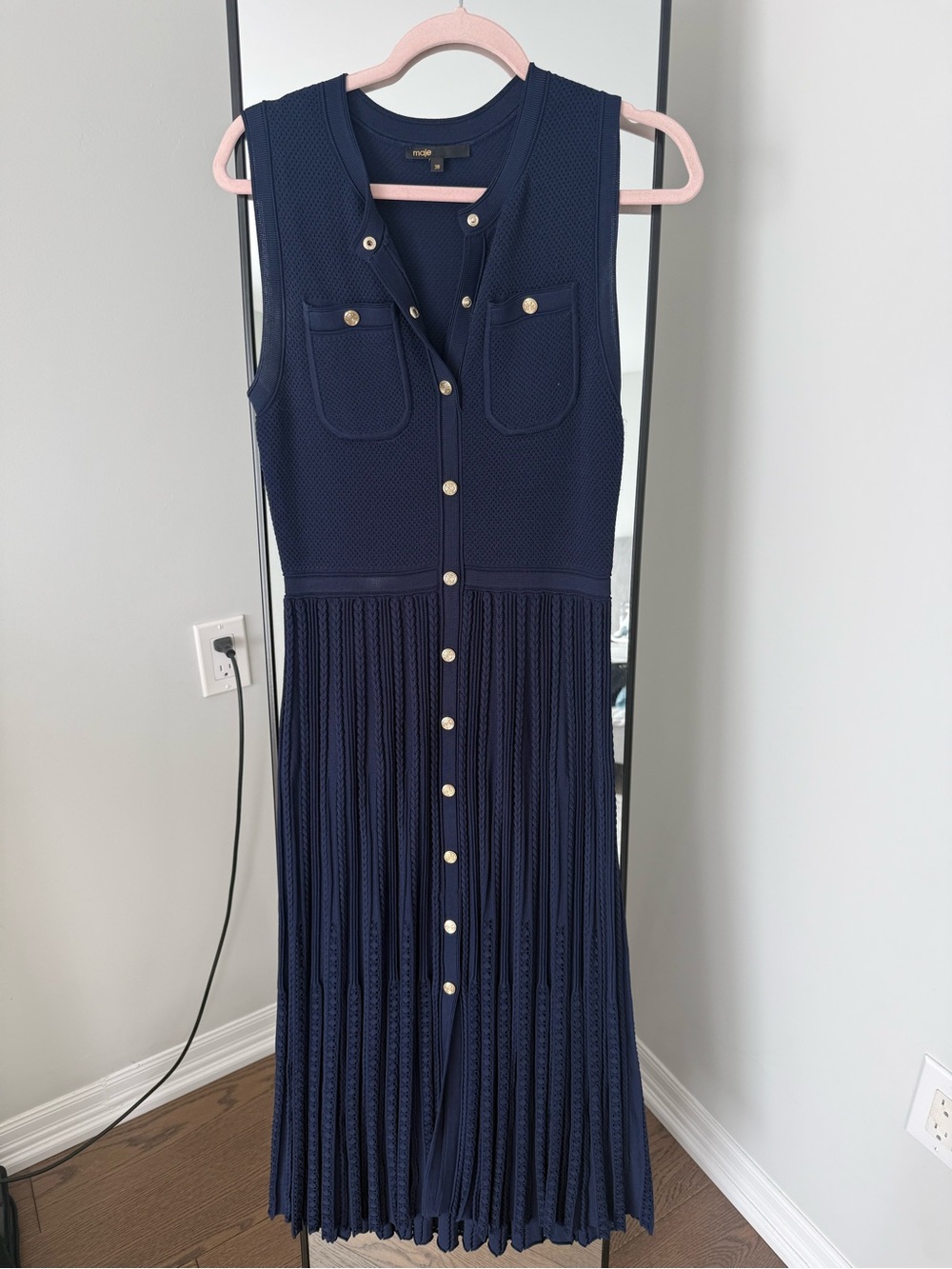 Maje Navy Sleeveless Button-Front Pleated Maxi Dress